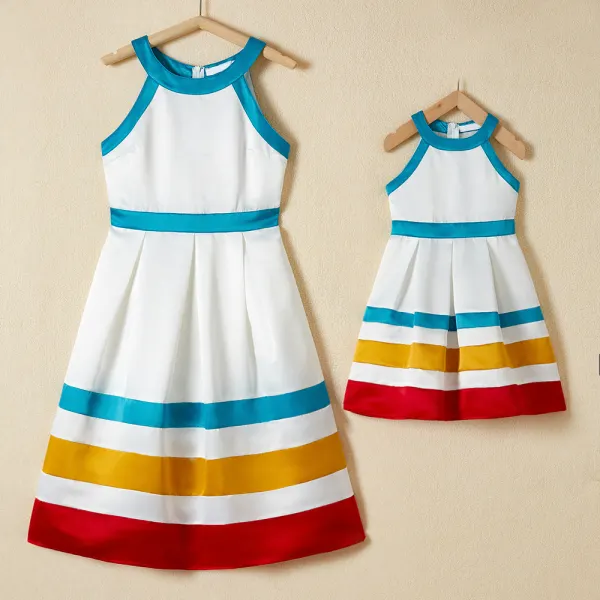 Color Striped Sleeveless Halter Mom Girl Matching Dress - Popopiestyle.com 