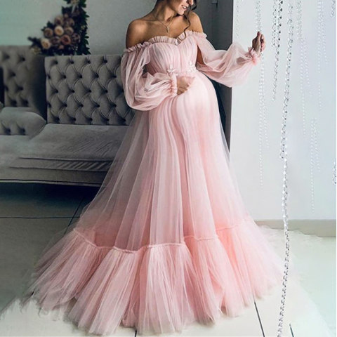Maternity Mesh Long Sleeve Off The Shoulder Gown Maxi dress