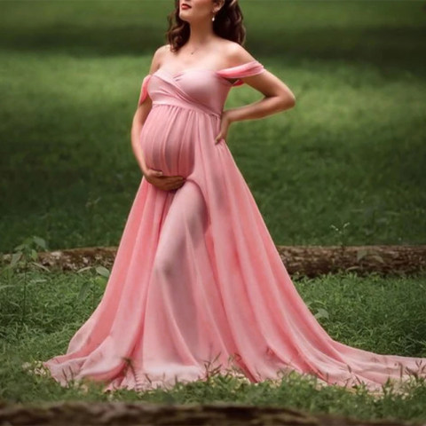 Maternity Solid Color Chiffon Off Shoulder Photo Dress