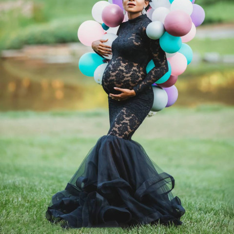 Maternity Photoshoot Dress Fishtail Black Lace Maxi Dress