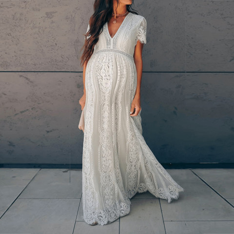 Maternity V neck White Lace Maxi Dress