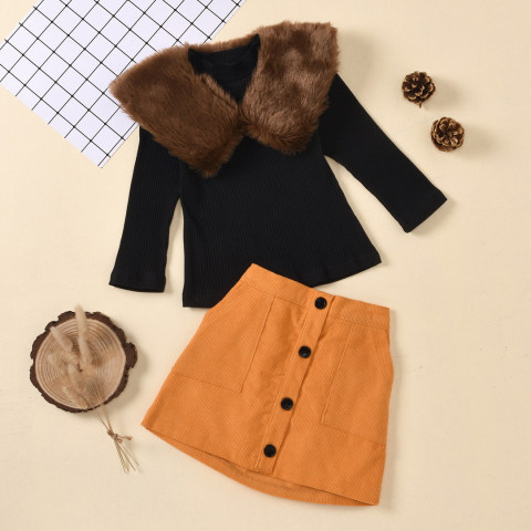 Black Knitted Fur Collar T shirt And Yellow Corduroy Set