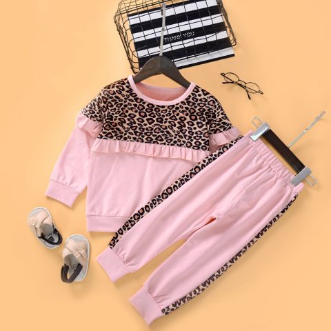 Autumn Leopard Print Pink Long Sleeve Sweatshirt Set