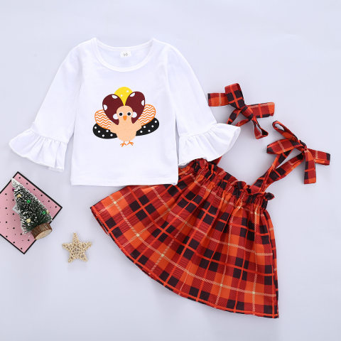 Girl Christmas Cartoon Pattern T shirt Plaid Strap Skirt