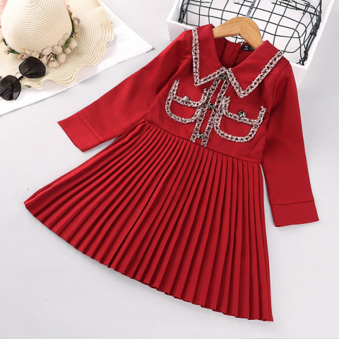 Autumn Long Sleeve Red Pleated Dress