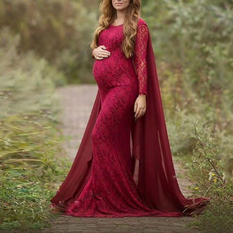 Maternity Long Sleeve Lace Cape Photo Dress