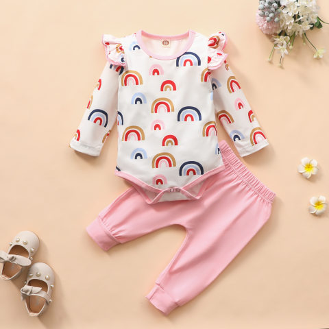 Baby Girl Rainbow Print Romper and Pants Set