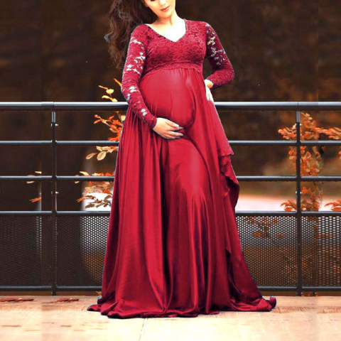 Maternity Red Lace V neck Long Sleeve Maxi Photoshoot Dress