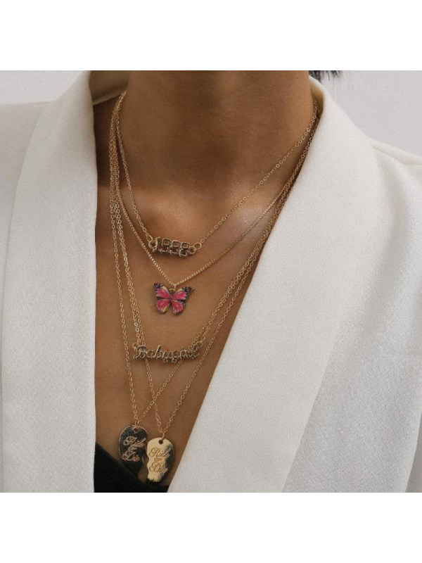 2020 new INS heart-shaped pink butterfly alloy necklace