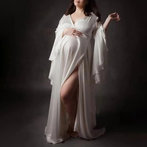 Maternity V Neck Flared Sleeve Slit Photo Dress