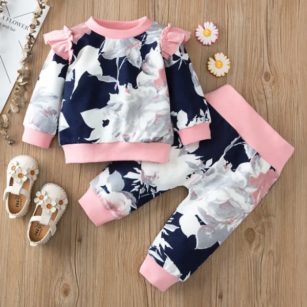 【6M-3Y】Floral Print Round Neck Long-Sleeved Sweatshirt Set - Popopiestyle.com 