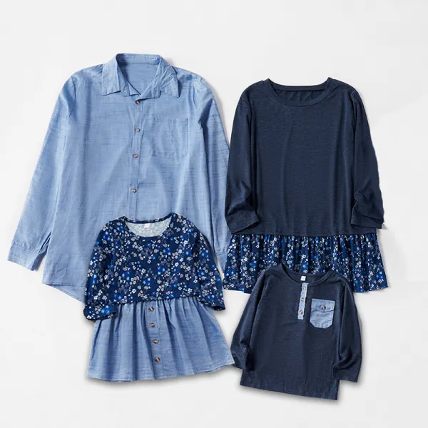 Blue Floral Denim Shirt and Dress Family Matching Outfits - Popopiestyle.com 