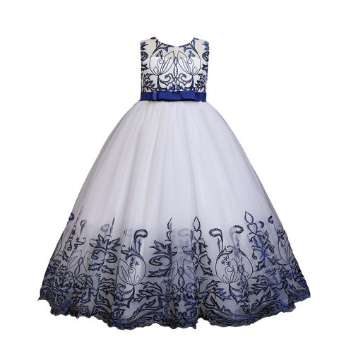 Girls bow long lace embroidered sleeveless skirt