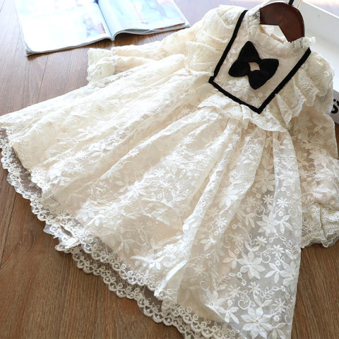 Bow long sleeve white lace dress