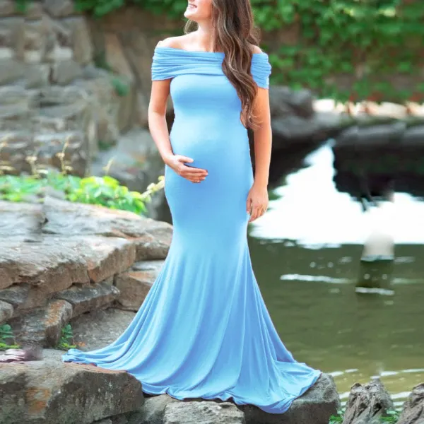 Maternity Off The Shoulder Knitted Maxi Photoshoot Dress - Lukalula.com 