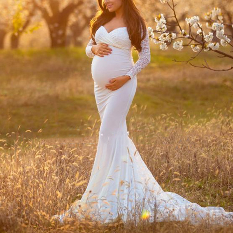 Maternity White Lace Stitching Chic Off Shoulder Long Sleeve Photo Dress