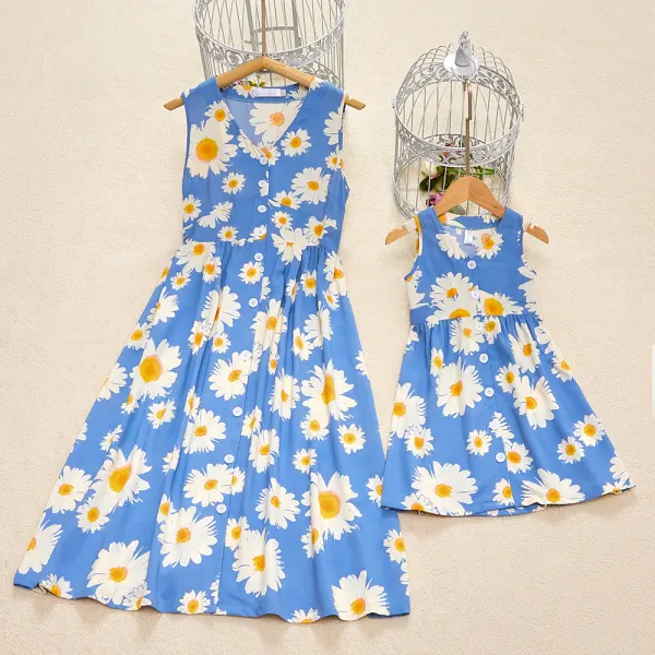 Round Neck Sleeveless Flower Print Blue Mom Girl Matching Dress - 13192 Only $9.99 - Popopieshop.com 