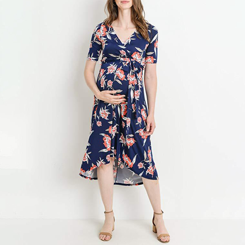Maternity Fashion Floral V-Neck Chic Short Sleeve Asymmetrical Dress