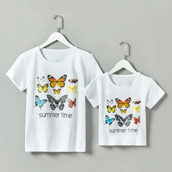 Casual Butterfly Pattern Round Neck Short Sleeve Mom Girl Matching T-Shirt - Popopiestyle.com 