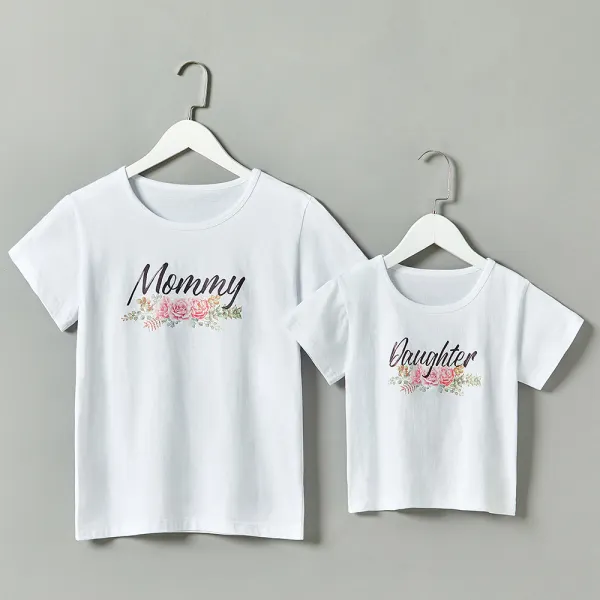 Casual Letter Pattern Round Neck Short Sleeve Mom Girl Matching T-Shirt - Popopiestyle.com 