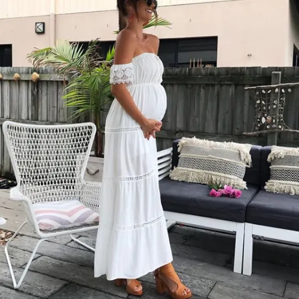 Maternity White Hollow Out Lace Off Shoulder Baby Shower Maxi Dress - Lukalula.com 