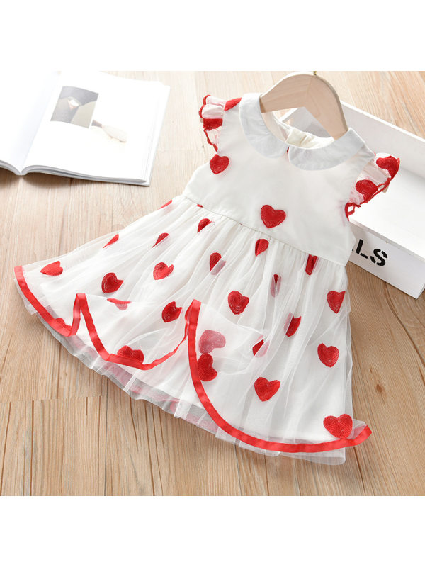 【12M-9Y】Girls Sweet Doll Collar Love Heart Embroidered Mesh Dress