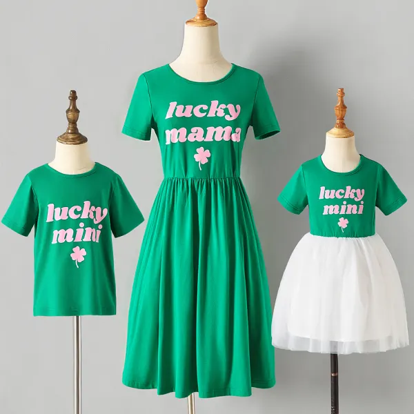 Fashion Green Letter Print Short Sleeve Mom Kid Matching Outfits - Lukalula.com 
