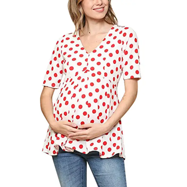 Maternity Round Neck Polka Dots Short Sleeve Shirts - Lukalula.com 