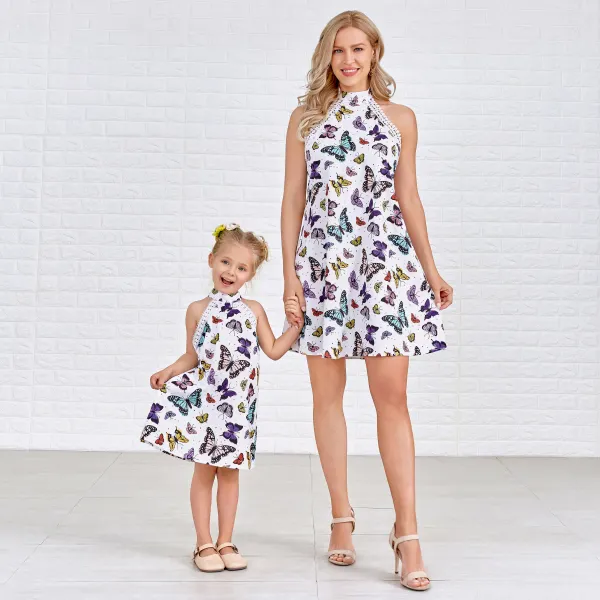 【90-130cm/M-XXL】Sweet Butterfly Print Lace Backless Mom Girl Matching Dress - Lukalula.com 