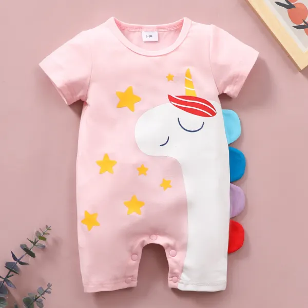 【6M-4Y】Cute Cartoon Unicorn Print Round Neck Short Sleeve Romper - Popopiestyle.com 