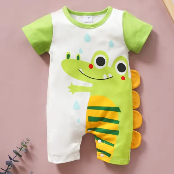 【6M-4Y】Cute Cartoon Dinosaur Print Round Neck Short Sleeve Romper - Popopiestyle.com 