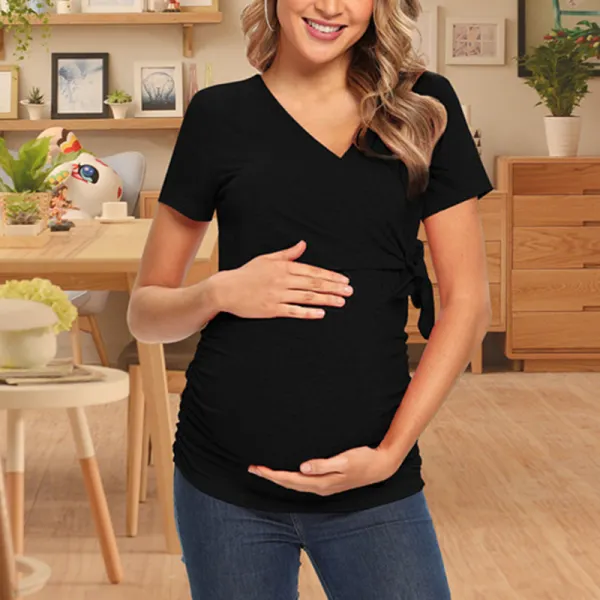 Maternity Casual Black V-neck Short-sleeved T-shirt - Lukalula.com 