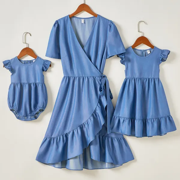 Sweet Denim Short Sleeve Mom Girl Matching Dress - 1326 - Popopieshop.com 