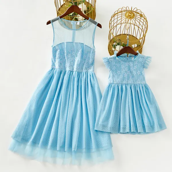 Sweet Blue Lace Mesh Mom Girl Matching Dress - Lukalula.com 