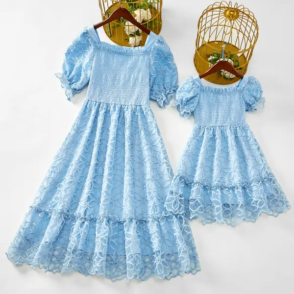 Sweet Blue Lace Puff Sleeve Mom Girl Dress - Lukalula.com 