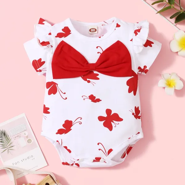 【6M-3Y】Cute Butterfly Print Round Neck Short Sleeve Bow Romper - Popopiestyle.com 