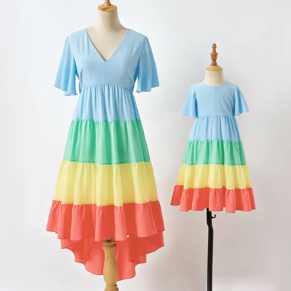Sweet Color Block Short Sleeve Mom Girl Matching Dress - Lukalula.com 