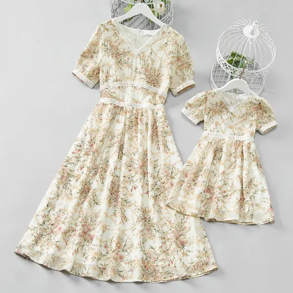 Sweet Chiffon Embroidered Short Sleeve Mom Girl Matching Dress - Popopiestyle.com 