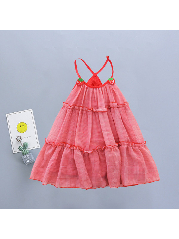 【18M-7Y】Girls Fresh Sweet Strawberry Mesh Strap Dress