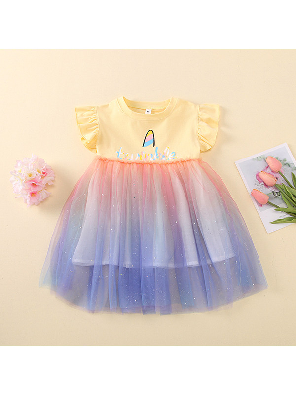 【18M-7Y】Girls Round Neck Short Sleeve Cartoon Print Rainbow Mesh Dress