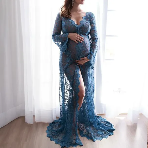 Maternity Sexy Perspective Lace Split Flare Sleeve Dress - Lukalula.com 