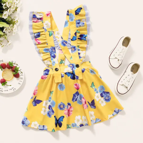 【18M-7Y】Girls Sweet Cute Butterfly Flower Print Suspender Skirt - Popopiestyle.com 