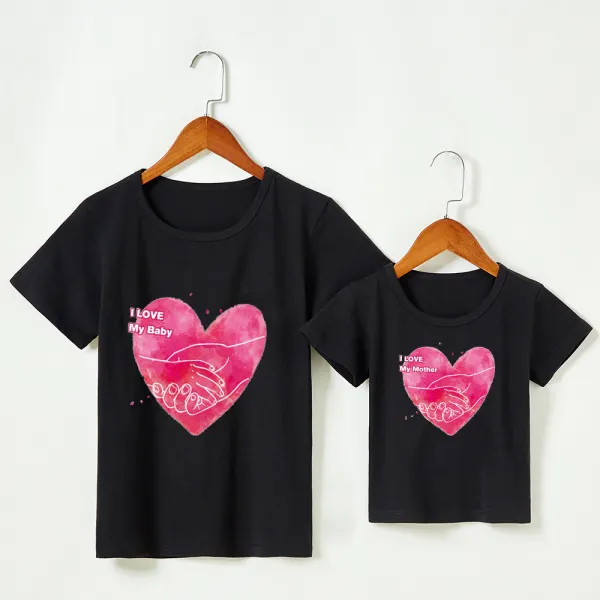 Casual Heart Print Round Neck Short Sleeve Mom Girl T-shirt - Popopiestyle.com 