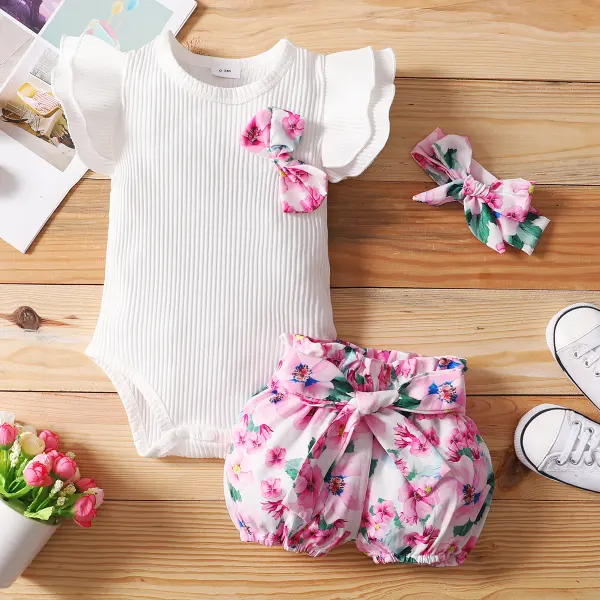 【0M-24M】Cute White Romper and Pink Flower Shorts Set - Popopiestyle.com 