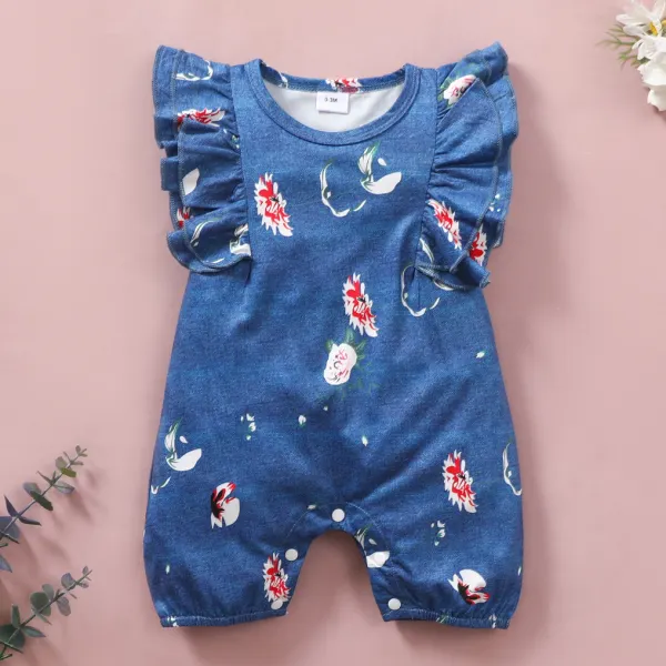 【0M-18M】Cute Flower Print Blue Romper - Popopiestyle.com 