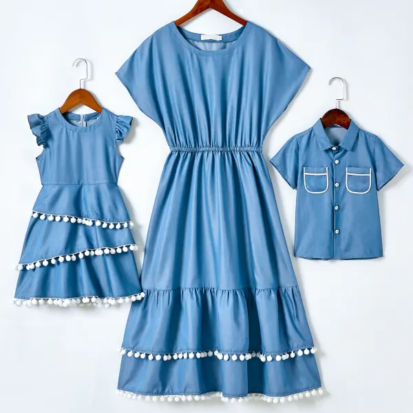 Casual Blue Denim Dress and Shirt Mom Kid Matching Outfits - Lukalula.com 