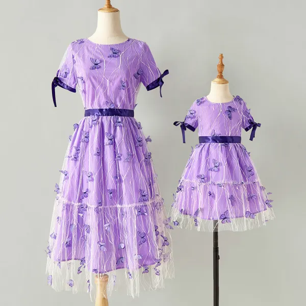 Sweet Purple Butterfly Lace Round Neck Short Sleeve Mom Girl Matching Dress - Lukalula.com 