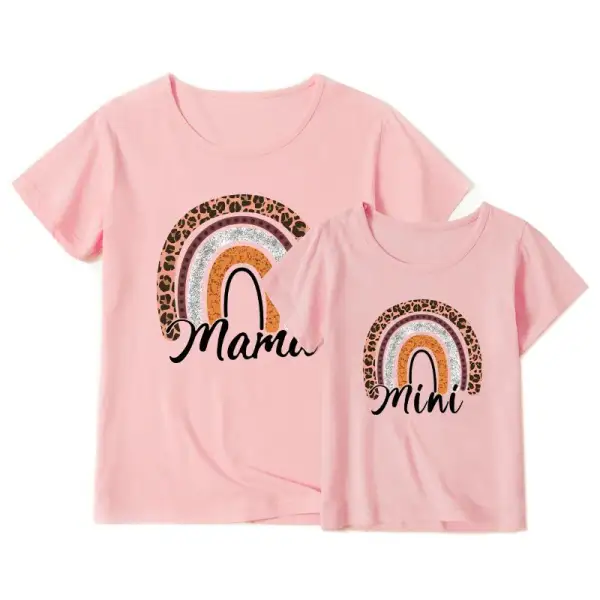 Sweet Rainbow Print Round Neck Short Sleeve Mom Girl Matching T-shirt - Popopiestyle.com 