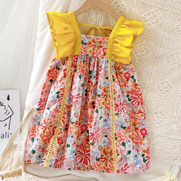 【18M-7Y】Sweet Flower Print Ruffle Sleeve Dress - Popopiestyle.com 