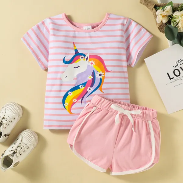 【18M-6Y】Cute Unicorn Print Striped T-shirt And Shorts Set - Popopiestyle.com 